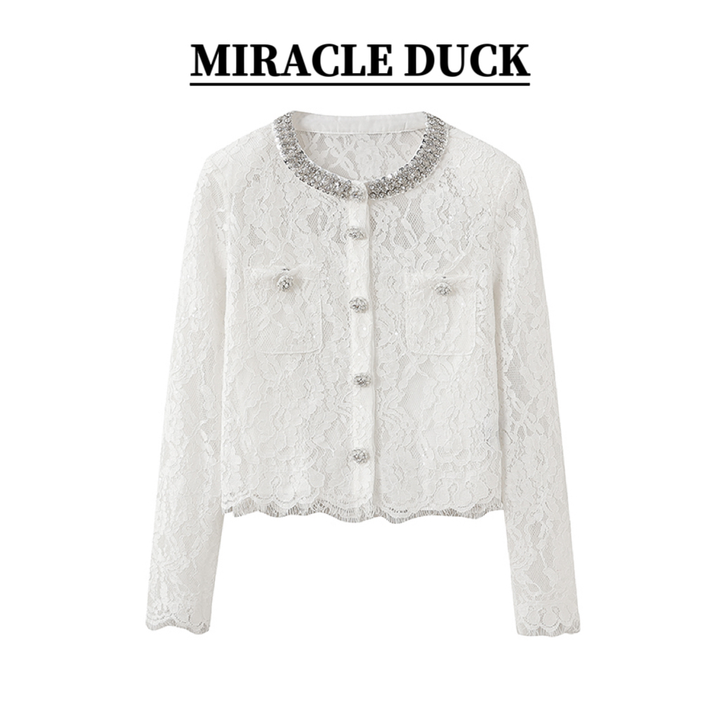 【柚子之水】春秋新款重工钉珠纱网套头镂空蕾丝衫印花女士C1703