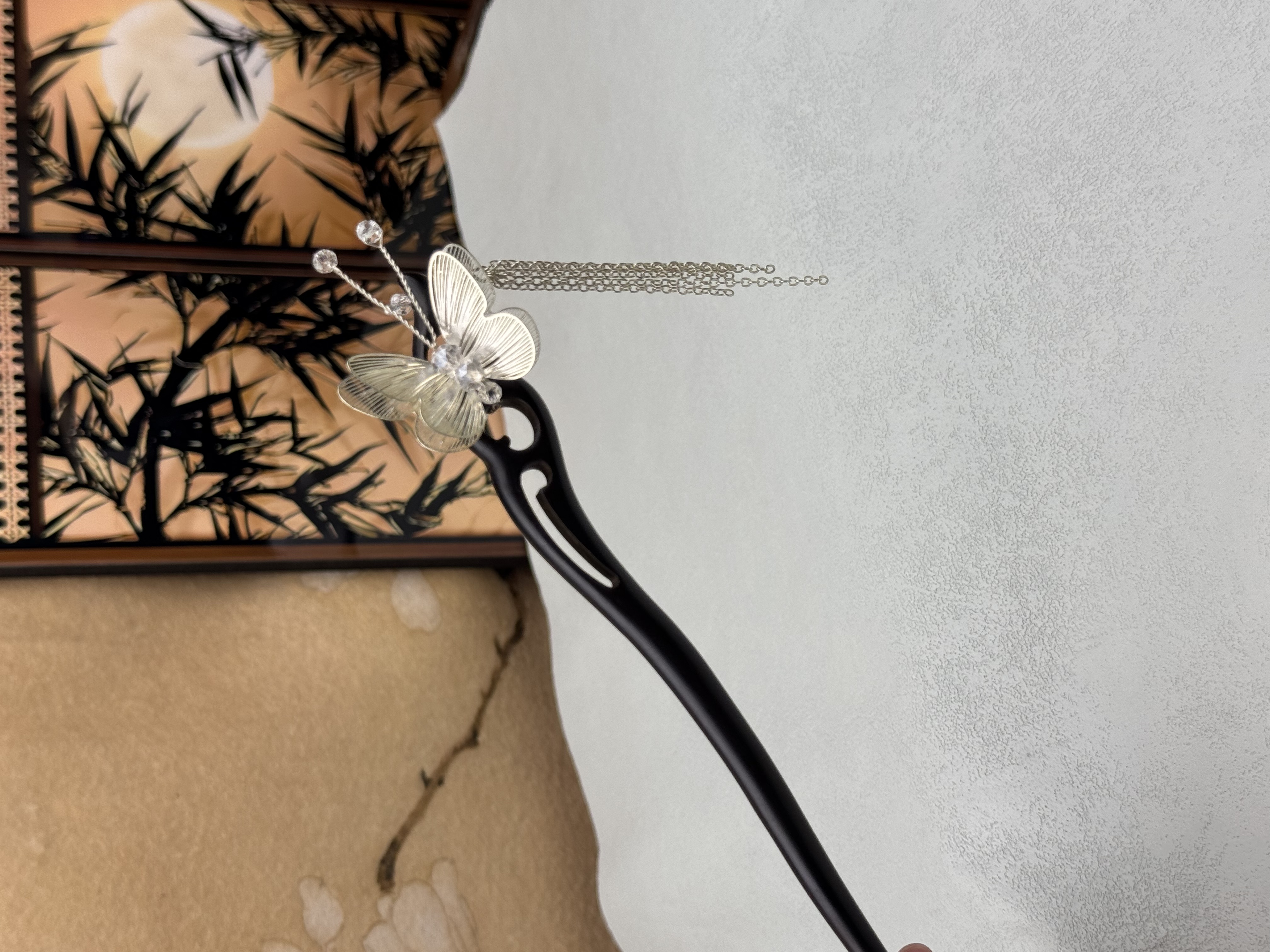 18厘米黑檀木直簪纯欲蝴蝶日常休闲簪子挽发盘发