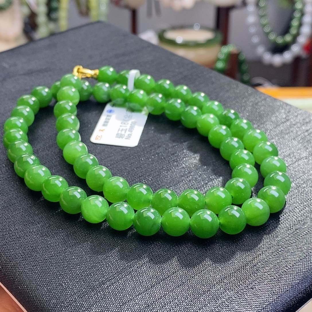 和田玉俄七金镶碧玉毕业级新品妈妈链8MM未镶嵌