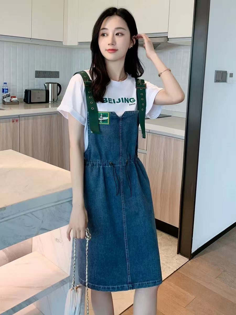 1510 背带裙夏季韩版直筒休闲减龄中长款收腰连衣裙