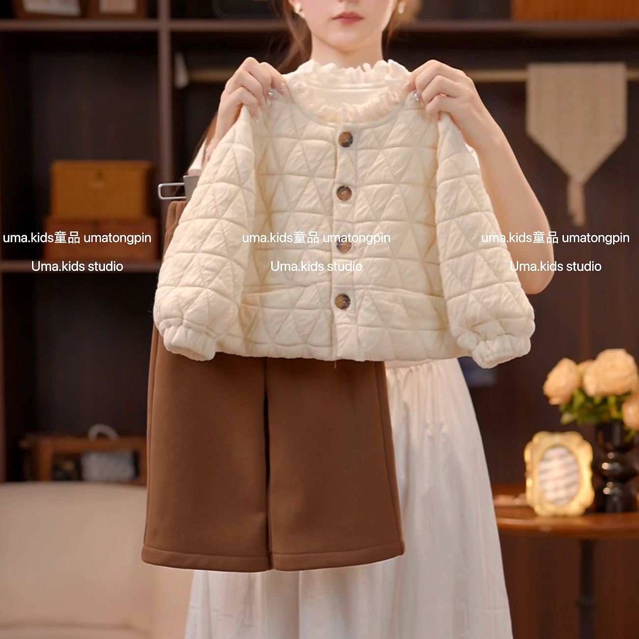 女童棉服秋冬季2025新款儿童森系菱格蕾丝边加棉保暖棉衣裤子套装