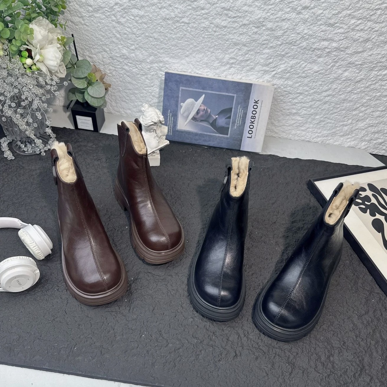  冬季短靴圆头中跟粗跟厚底烟筒靴防滑女士9986-1  