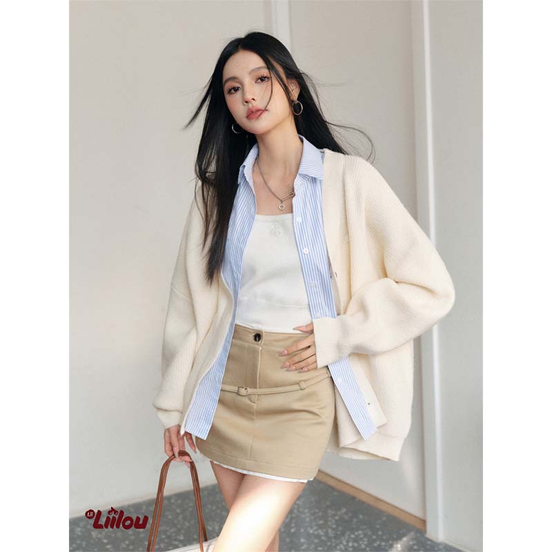 【毛毛专享】Liilou 拼接条纹衬衫_精选软糯针织毛衣开衫假两件