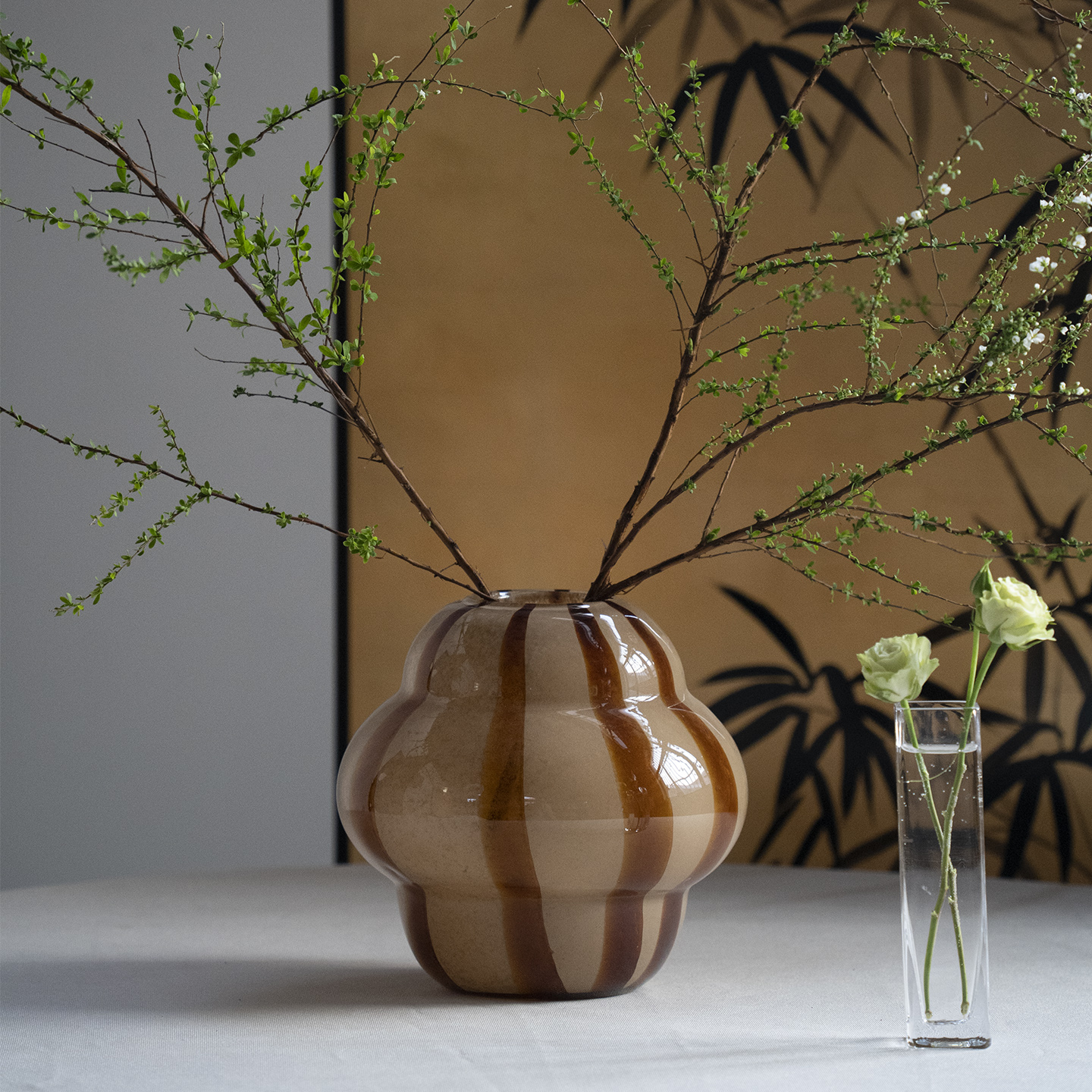 高20 口径6cm北欧中古条纹玻璃花瓶高级感家居摆件艺术插花花器