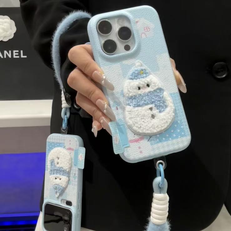 奥菲顿冬日刺绣雪人挂绳适用苹果17皮纹16手机壳小米vivo华为oppo