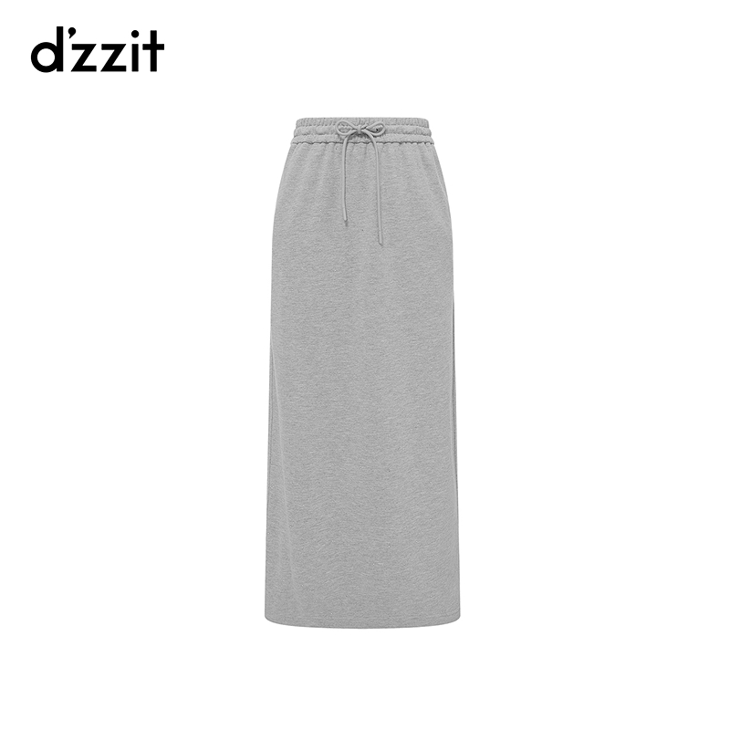 dzzit地素半身裙运动风灰色烫水钻松紧高腰卫裙直筒裙女3J1S4081D