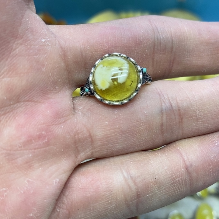 蜜蜡裸石银S925镶嵌戒指