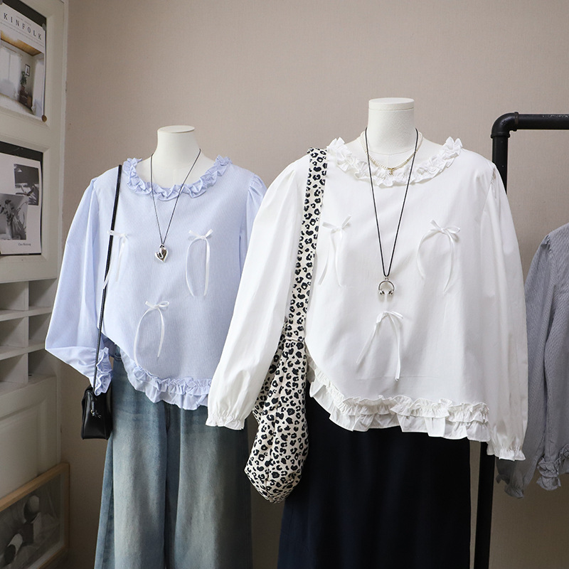 [比正]2026早春新韩版木耳边立体蝴蝶结条纹显瘦泡泡袖衬衫女5898