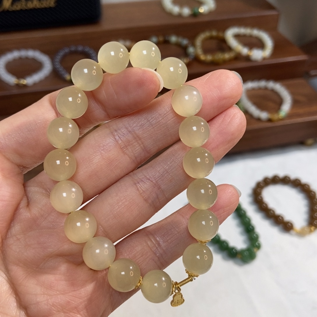 和田玉18K金镶嵌手链10mm蜂蜜水高冰猫精品