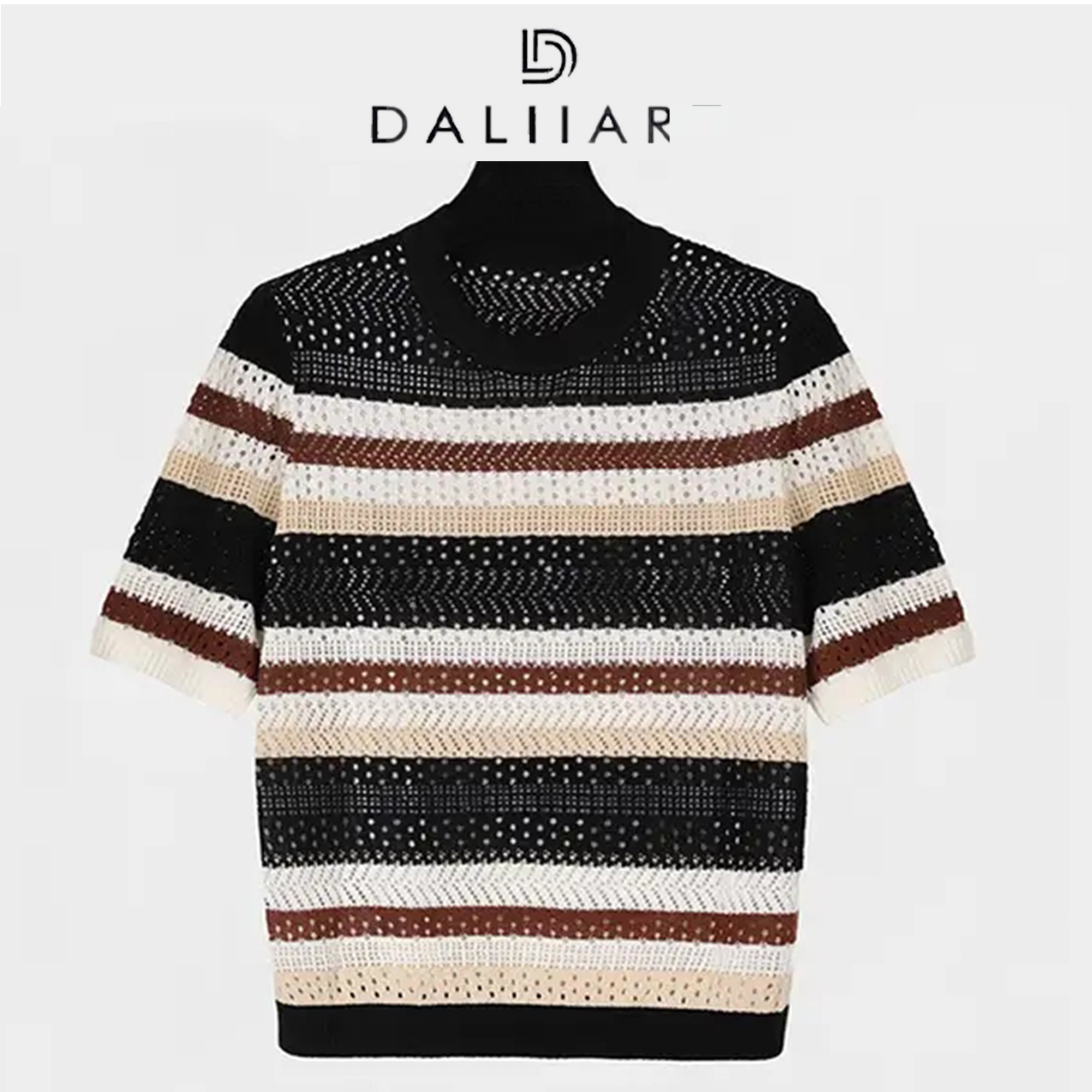 DALIART 布朗尼小衫 精美镂空条纹圆领短袖夏冰丝T恤上衣DLTX0432