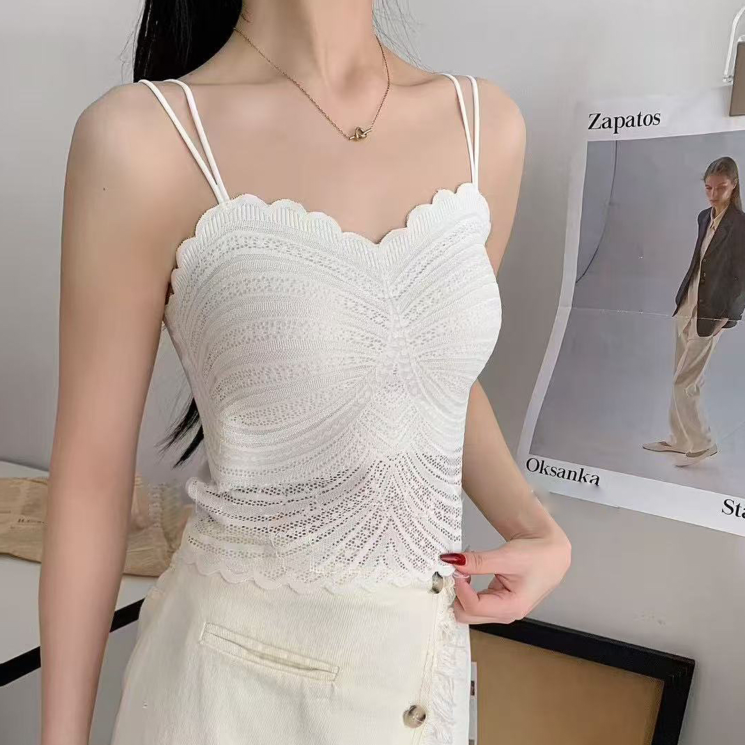 蝴蝶蕾丝吊带背心带胸垫镂空美背一片式防走光外穿纯欲