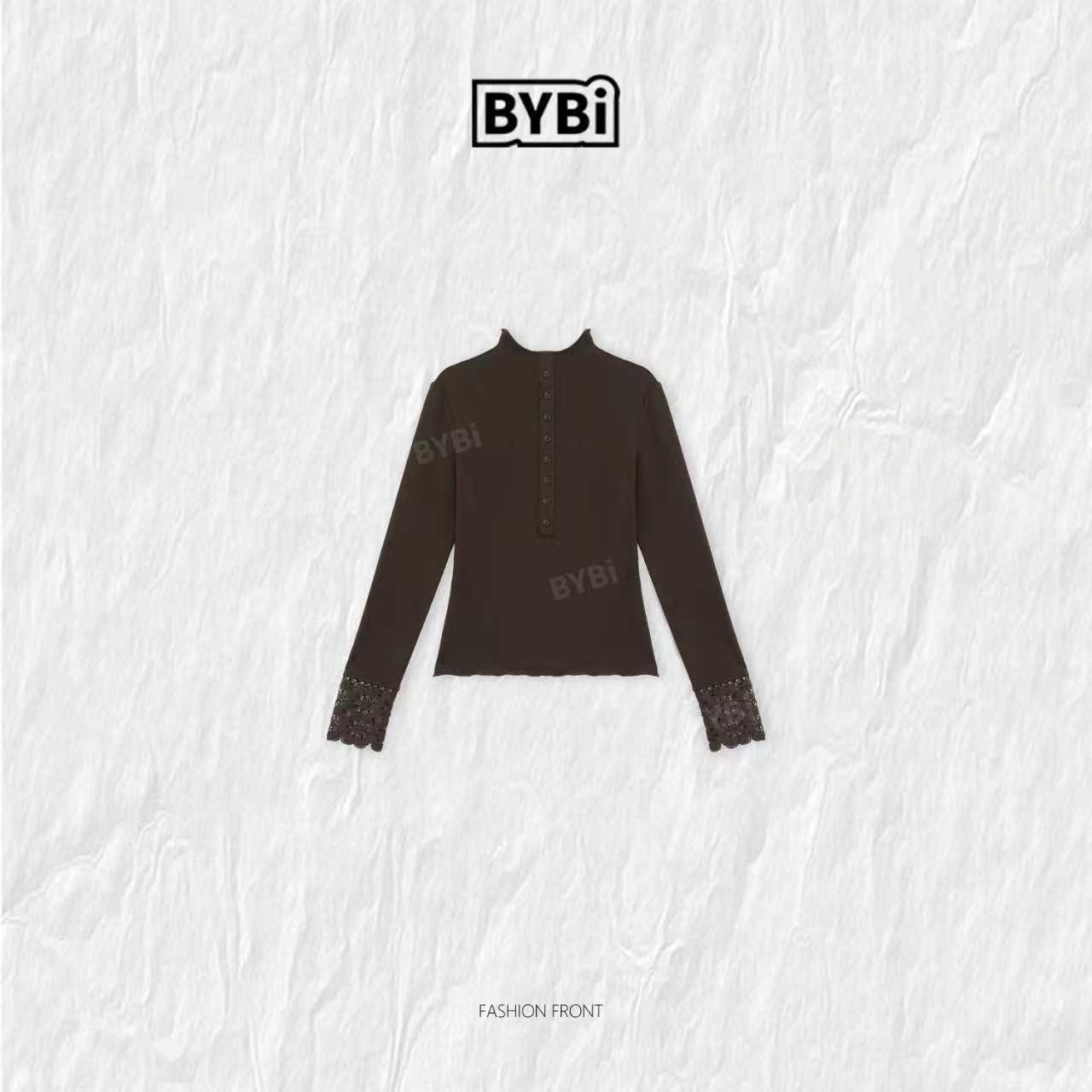 【婷婷推荐】99127冬季半高领纽扣手袖蕾丝钩花镂空打底上衣