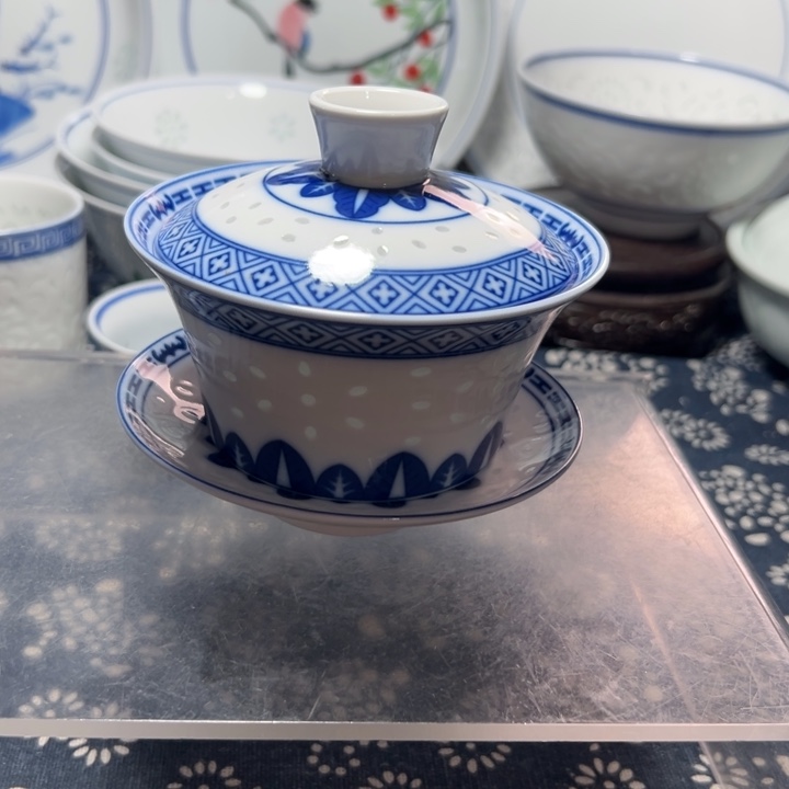 青花玲珑三才盖碗