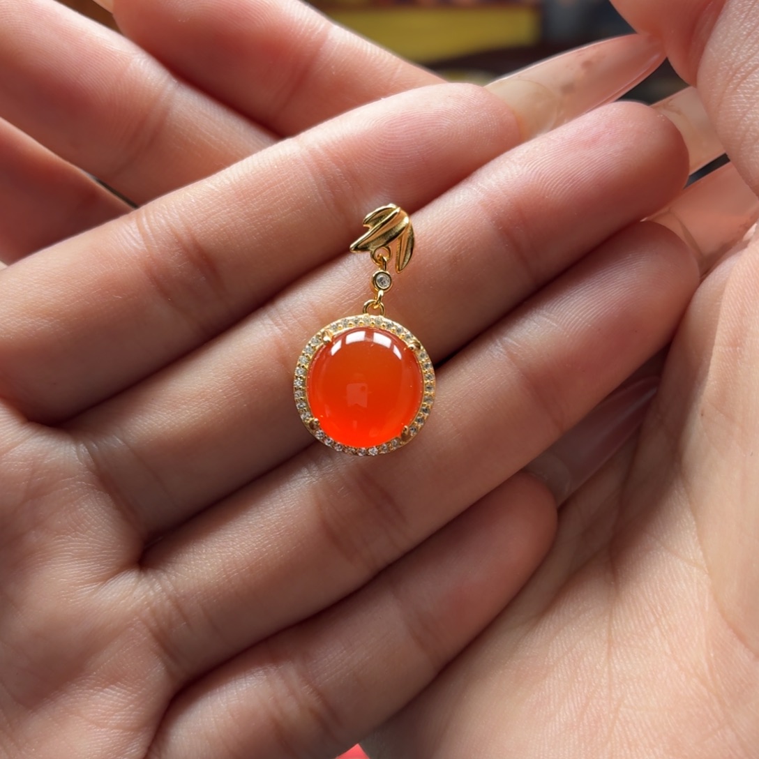 南红玛瑙银S925镶嵌吊坠原矿保山南红小庄冰红吊坠