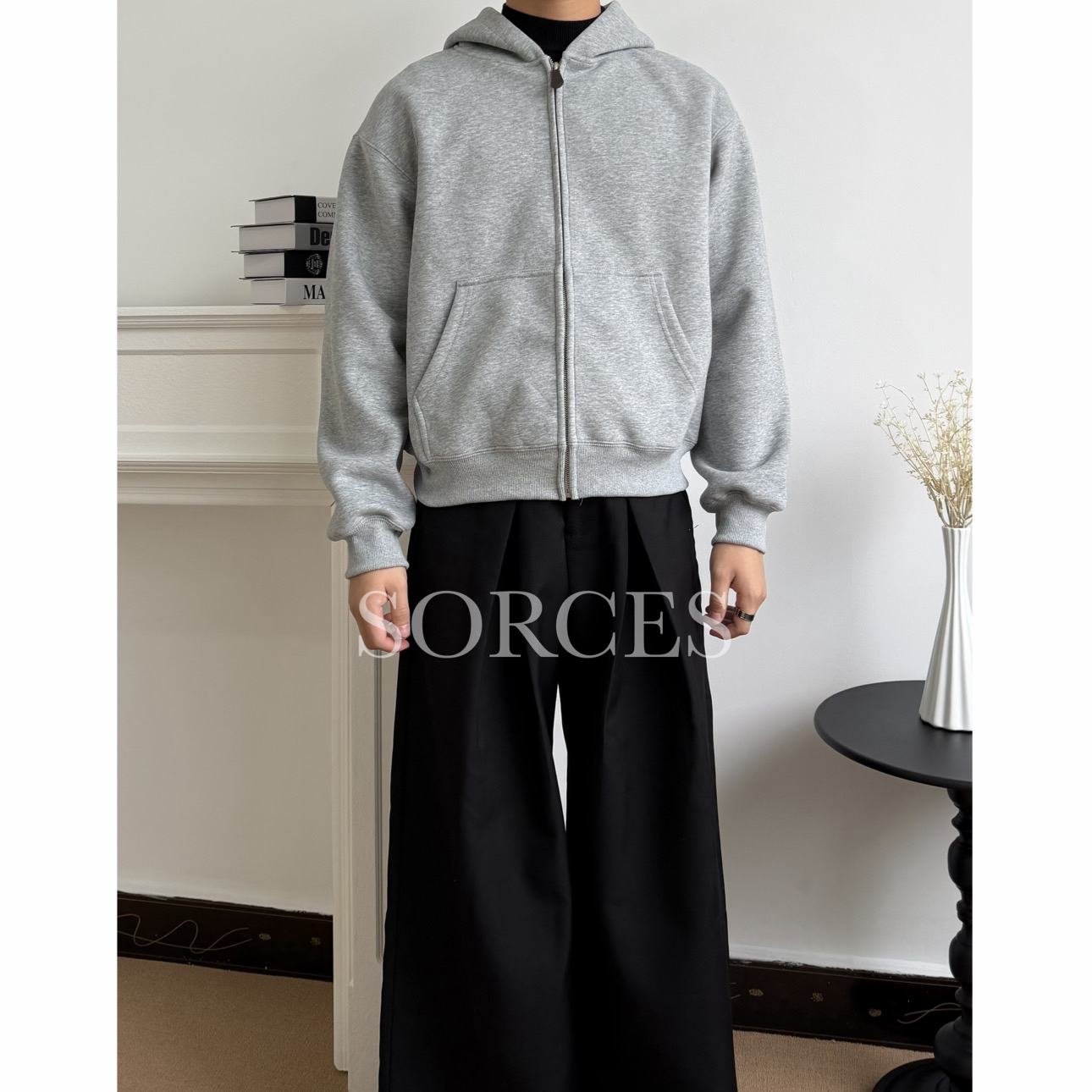 SORCES  短款拉链开衫休闲通勤宽松连帽卫衣外套男女