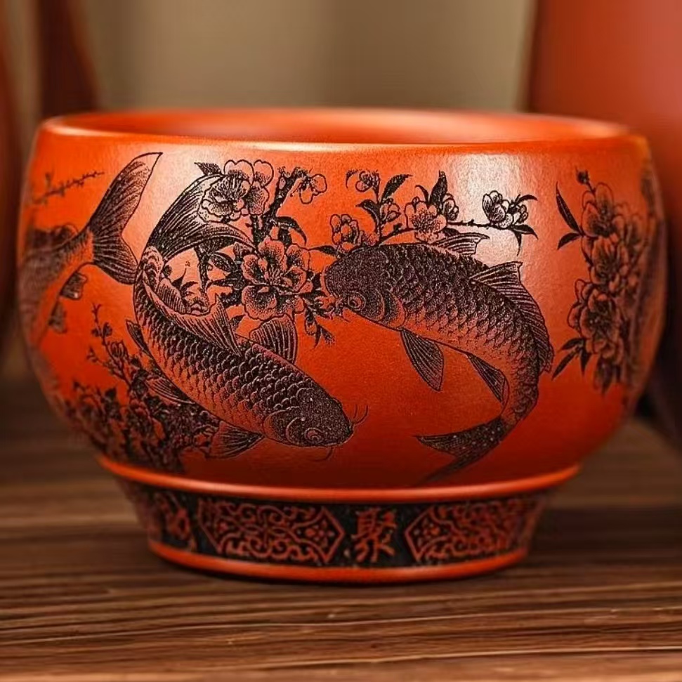 宜兴原矿手工朱泥锦鲤双层不烫手双层金鱼金玉满堂主人杯品茗杯