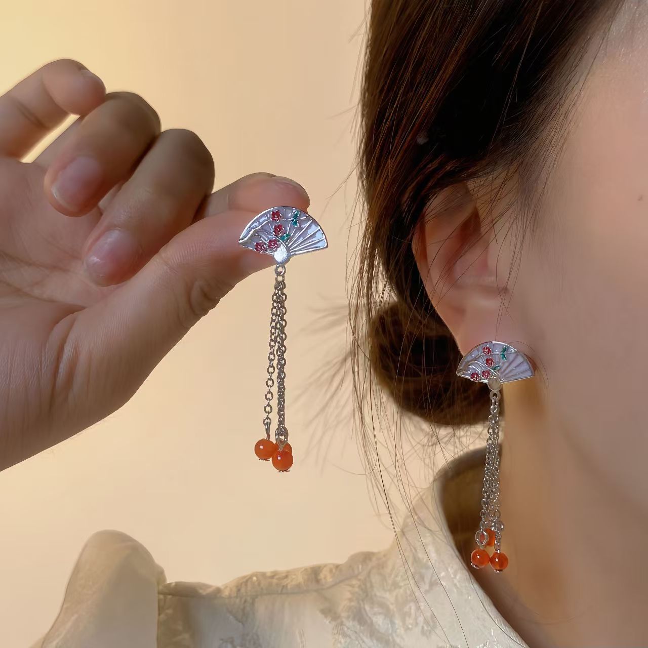 铜合金珐琅耳饰 长款显脸瘦黄铜电镀白金耳饰流苏耳环