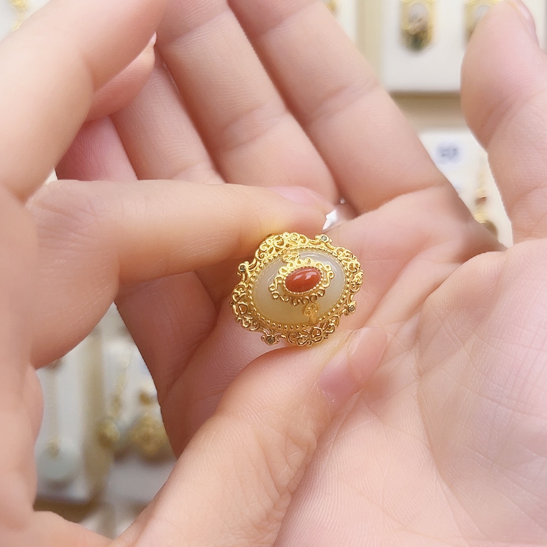 和田玉银S925镀金镶嵌戒指