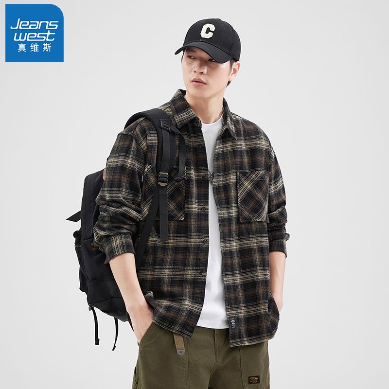 Jeanswest/真维斯美式复古格子衬衣秋季休闲宽松长袖衬衫百搭外套