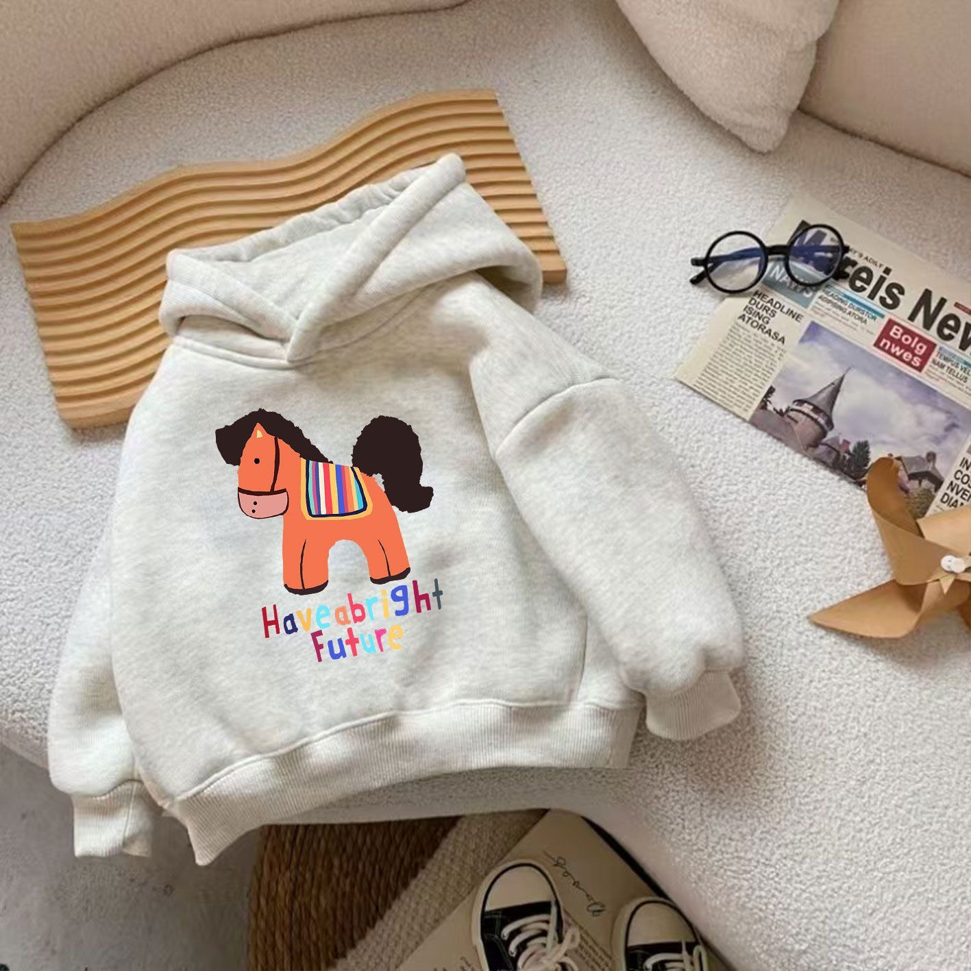 中大童潮流印花连帽卫衣男女童秋冬季加绒加厚百搭休闲韩系风上衣