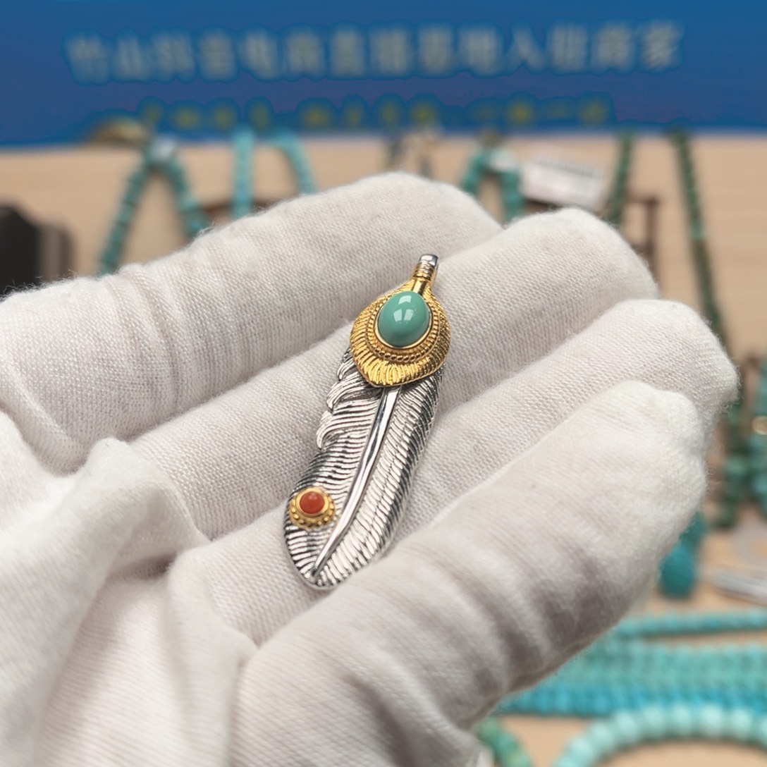 绿松石羽毛卡子银S925镶嵌
