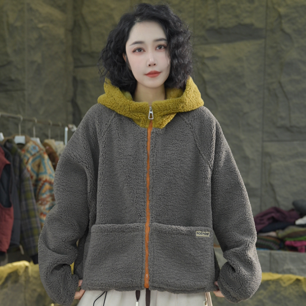 P98 加厚冬季新款连帽棉服简约大气宽松休闲百搭撞色棉衣外套