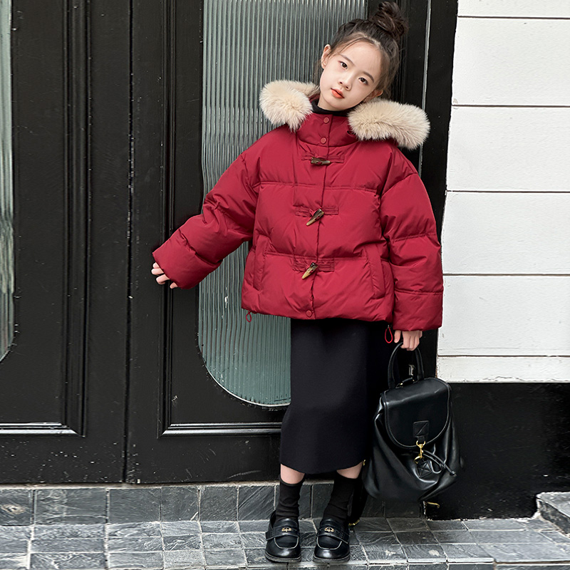 巴拉【商场同款】女童冬季红色短款棉服新款大毛领儿童装外套加厚