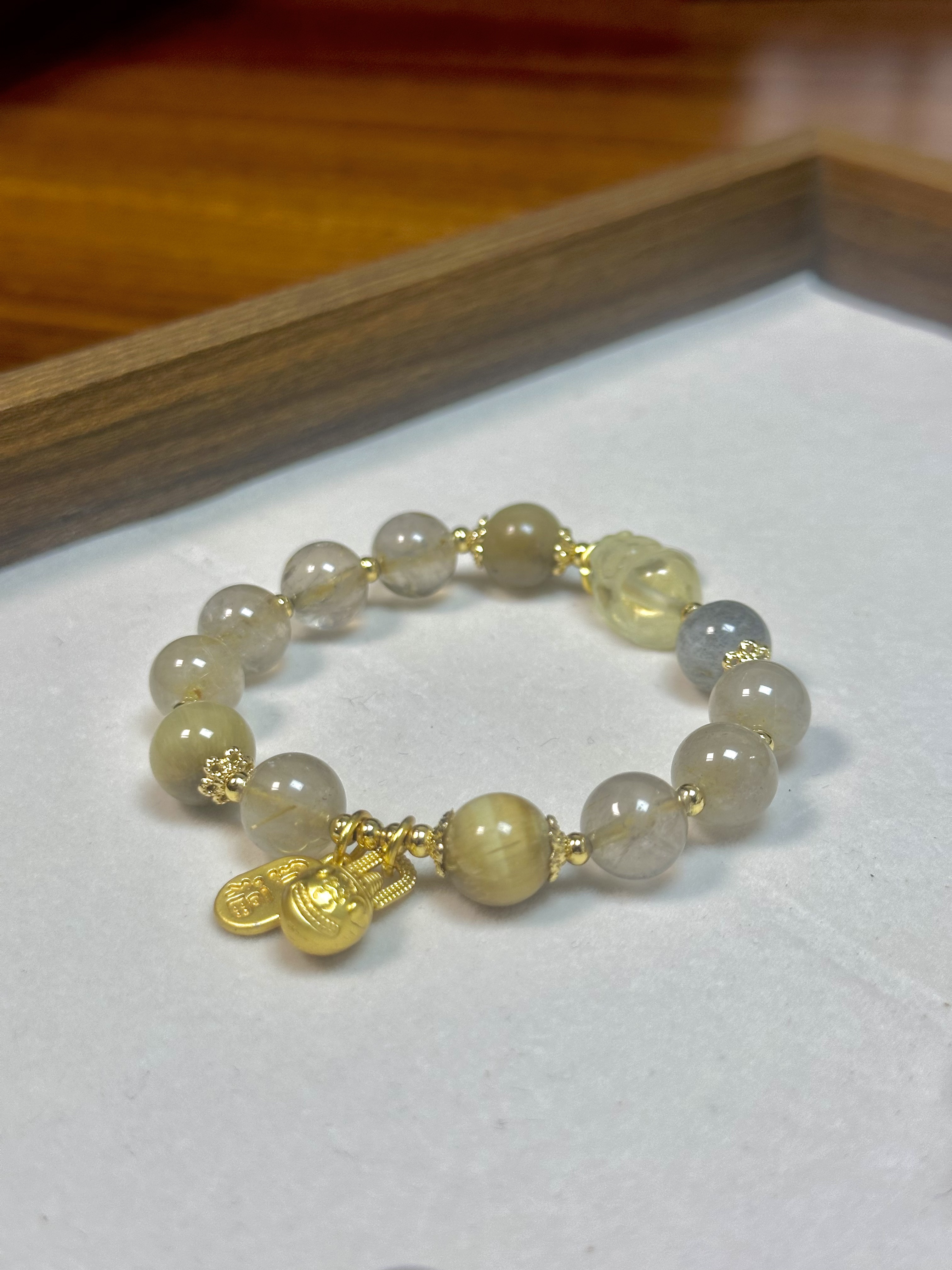 「超强双倍吸金招米」天然金发晶×柠檬晶貔貅×黄虎眼×灰月光石手串