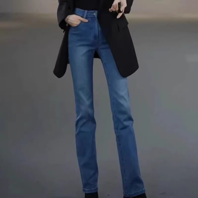 商场同款冬季新款休闲百搭高腰显瘦中腰植绒直筒牛仔裤子5100481