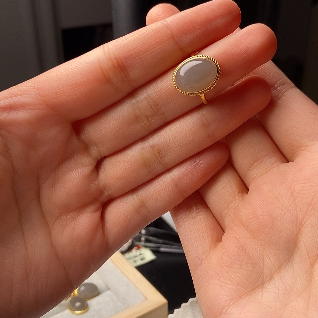 和田玉（白玉）戒指银S925镀金镶嵌