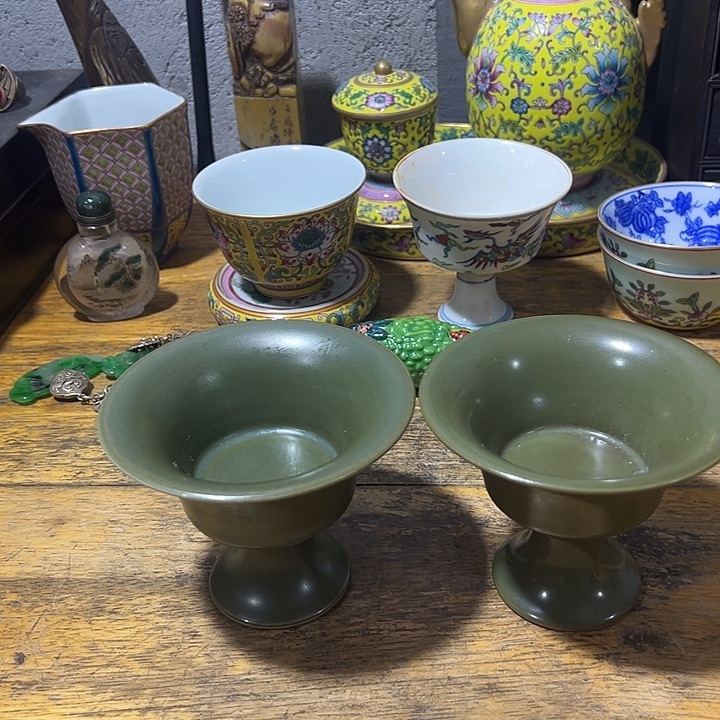 天***术陶其他茶叶末高足杯一对