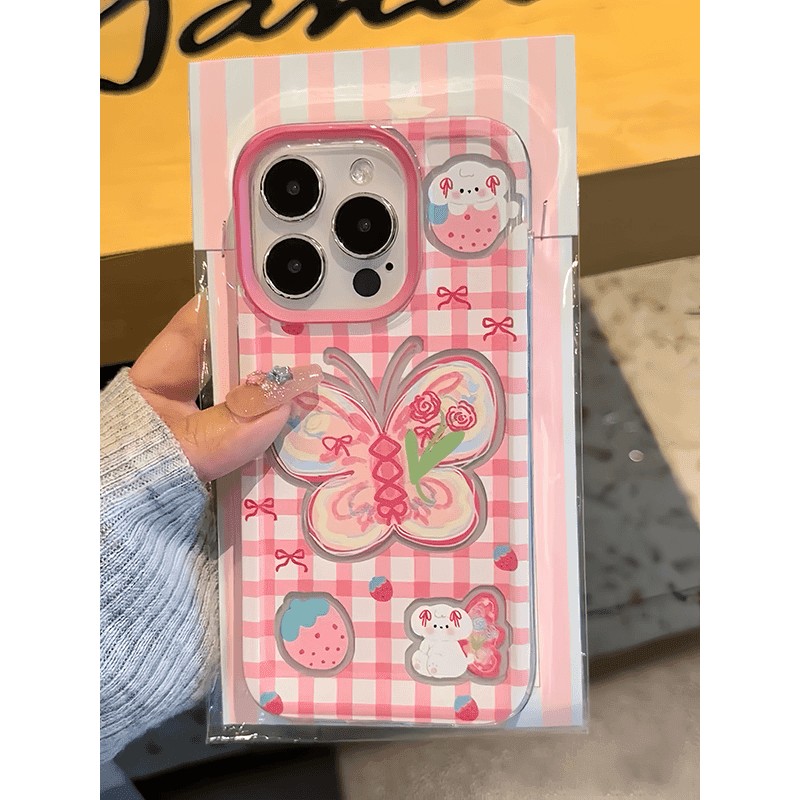 草莓格纹蝴蝶适用iPhone15/14/13手机壳12promax软16女xs苹果11xr