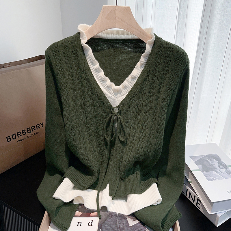 秋季大码女装胖MM韩系时尚v领假两件针织衫气质百搭显瘦长袖上衣