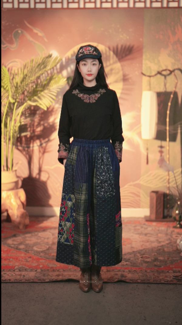 原创新中式刺绣织锦绣牛仔棉麻百家布拼布民族风阔腿裤23237