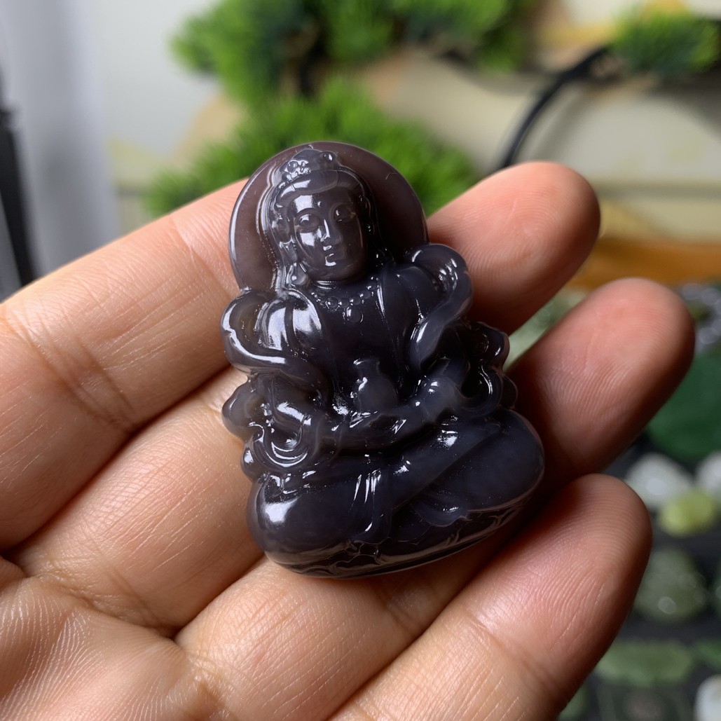 【七色美玉】天然和田玉浓烟紫帝王紫观音吊坠精雕观世音精品挂件