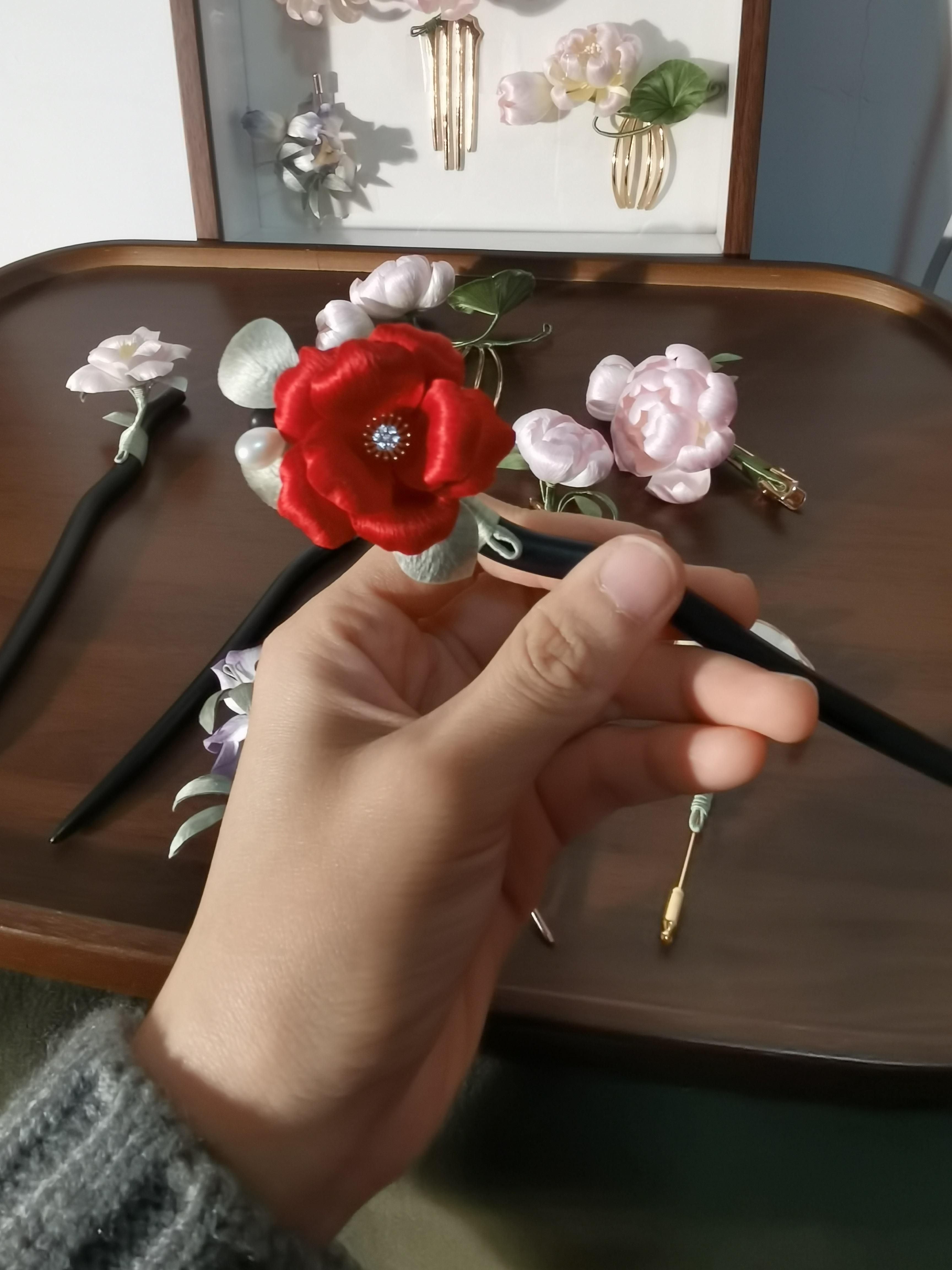 非遗绒花原创设计新中式国风日常百搭木质发簪