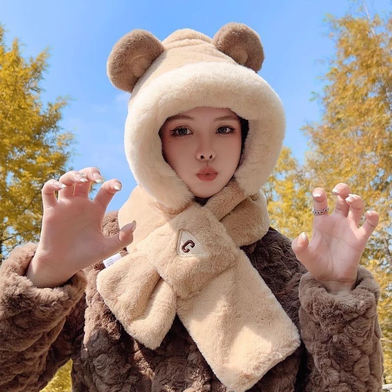 韩版加绒加厚可爱小熊两件套女冬季保暖防寒一体连帽毛绒护耳围脖