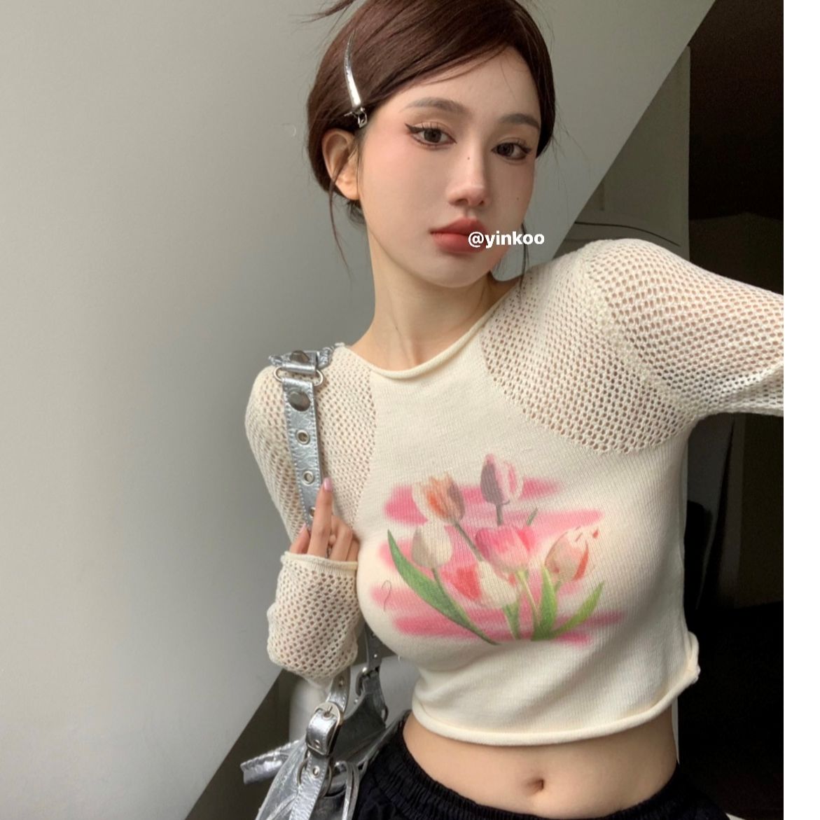 紫琪现货专属设计感小众印花针织衫镂空短上衣长袖防晒春游针织衫