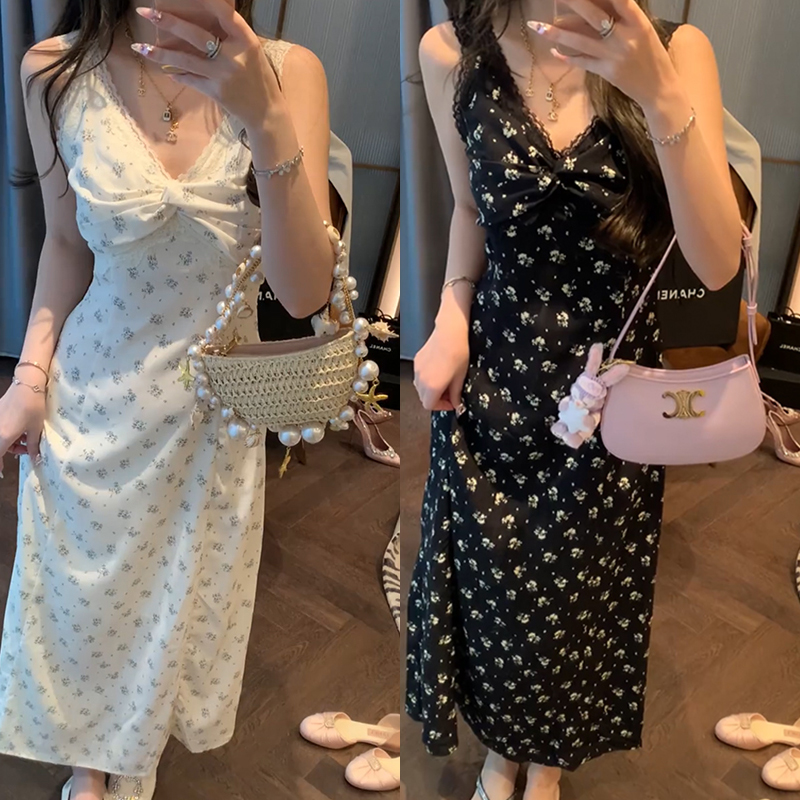 【mimius】&喵喵 法式V领蕾丝拼接显瘦碎花连衣裙+开衫 G02075