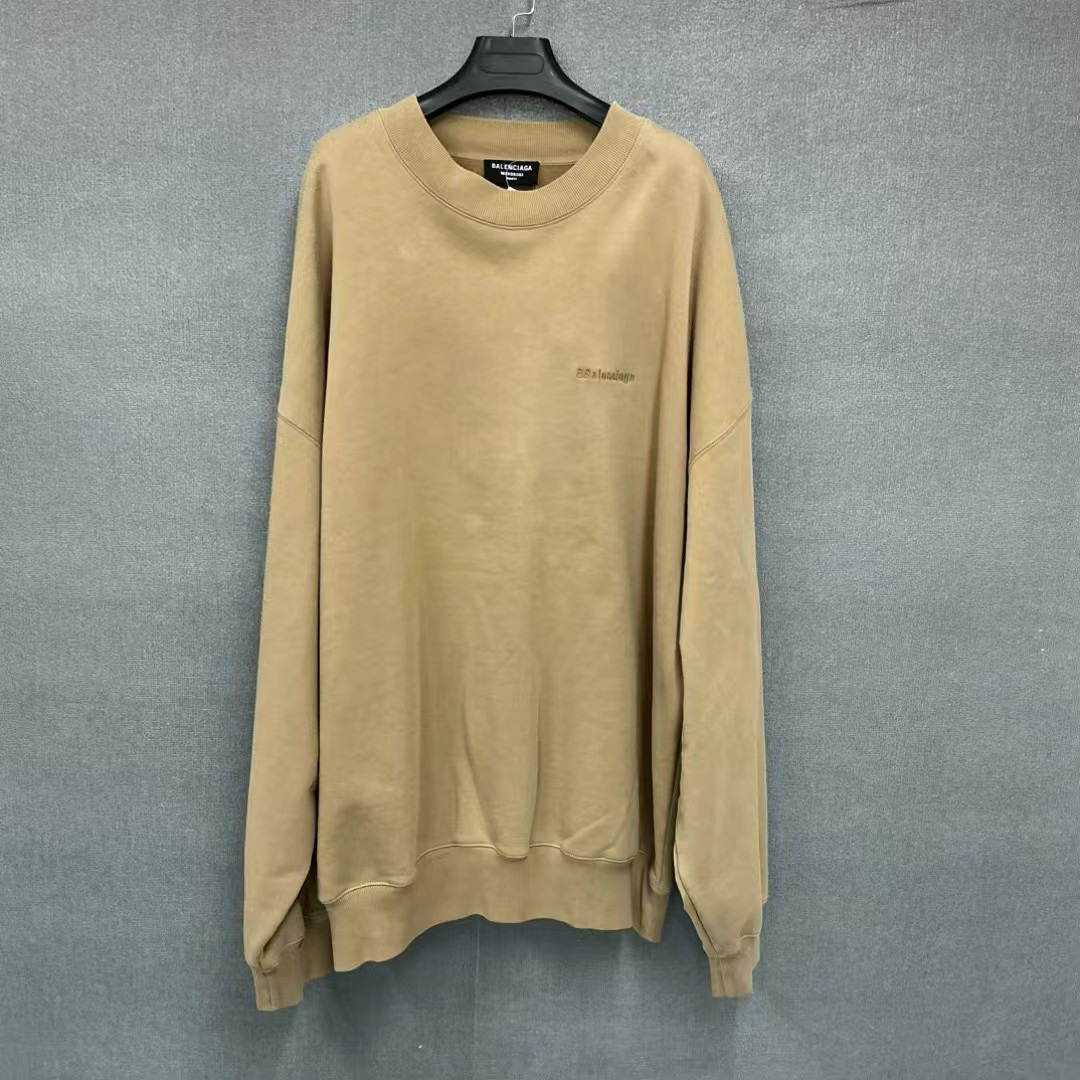 95新 Balenciaga/巴黎世家 双B刺绣小logo卡其色圆领卫衣XL码