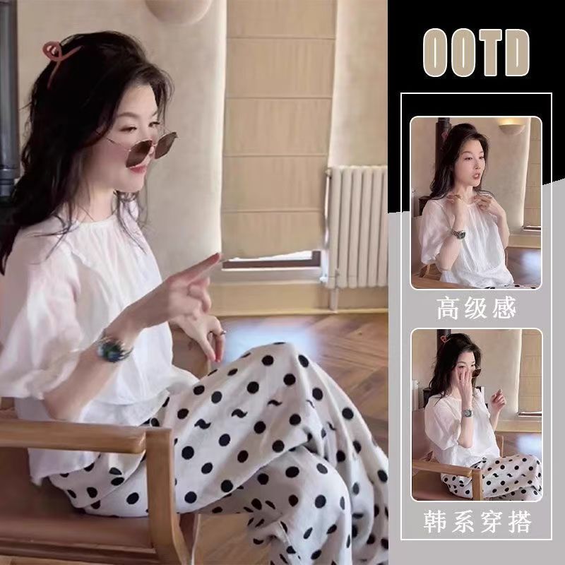 【苏薇】夏季高级感干练气质上衣+波点高腰阔腿裤休闲两件套女 3243