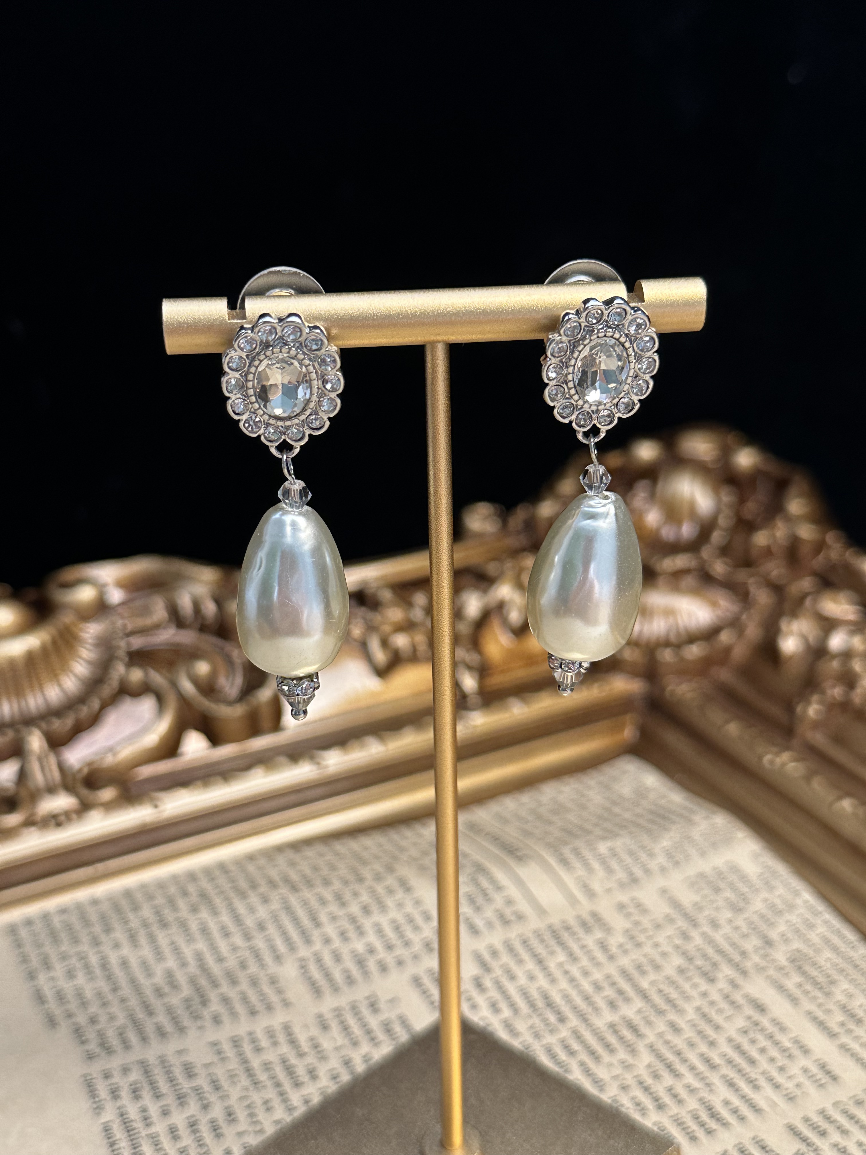 铜合金仿珍珠耳饰 铜镀金仿珍珠莱仿茵石耳钉E1642