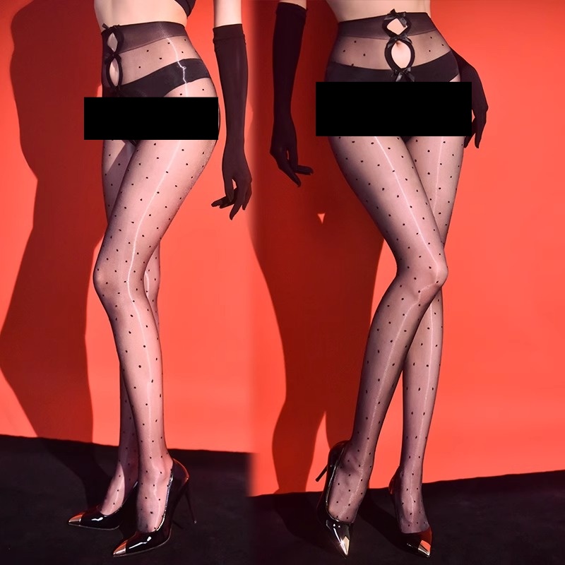 【蜜姬MIAO】超薄极光波点黑丝连裤袜子美腿袜夏季性感蝴蝶结丝袜