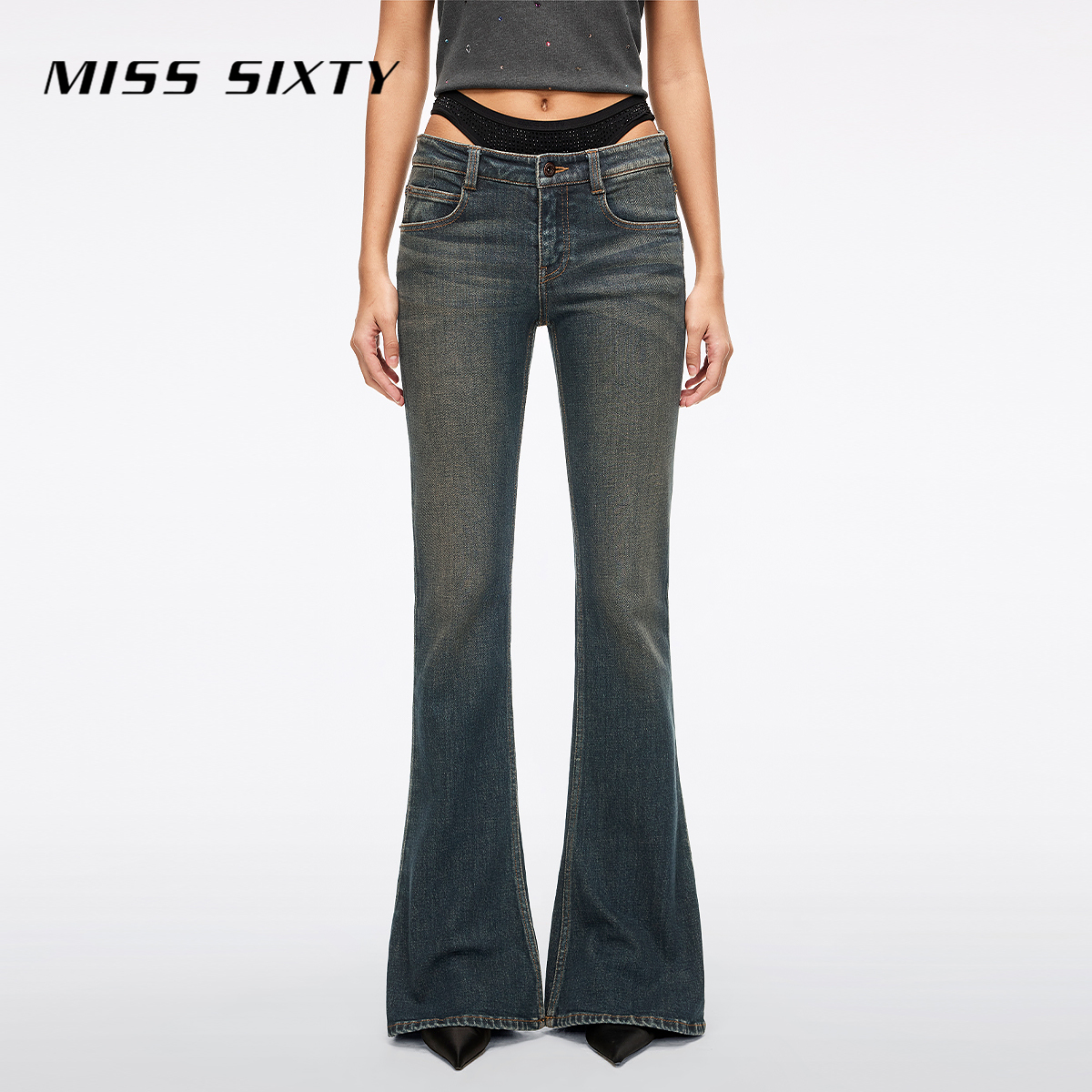 Miss Sixty25冬季新款牛仔裤女性感辣妹比基尼拼接喇叭裤圣诞穿搭