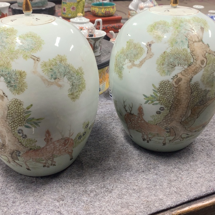 交***子陶瓷冬瓜罐一对全品