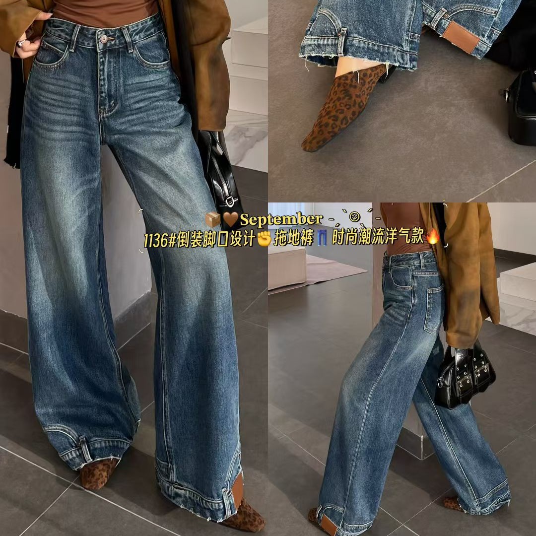 秋季新款反转牛仔裤小众个性磨毛保暖宽松直弯力裤