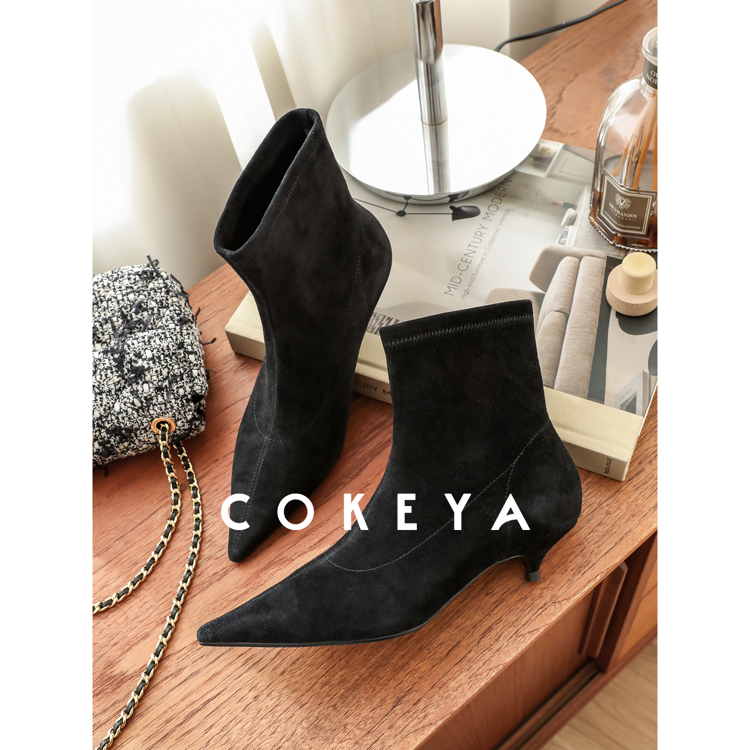 COKEYA/百搭“瘦瘦靴”~弹力羊京皮法式尖头时尚一脚蹬时尚短靴女