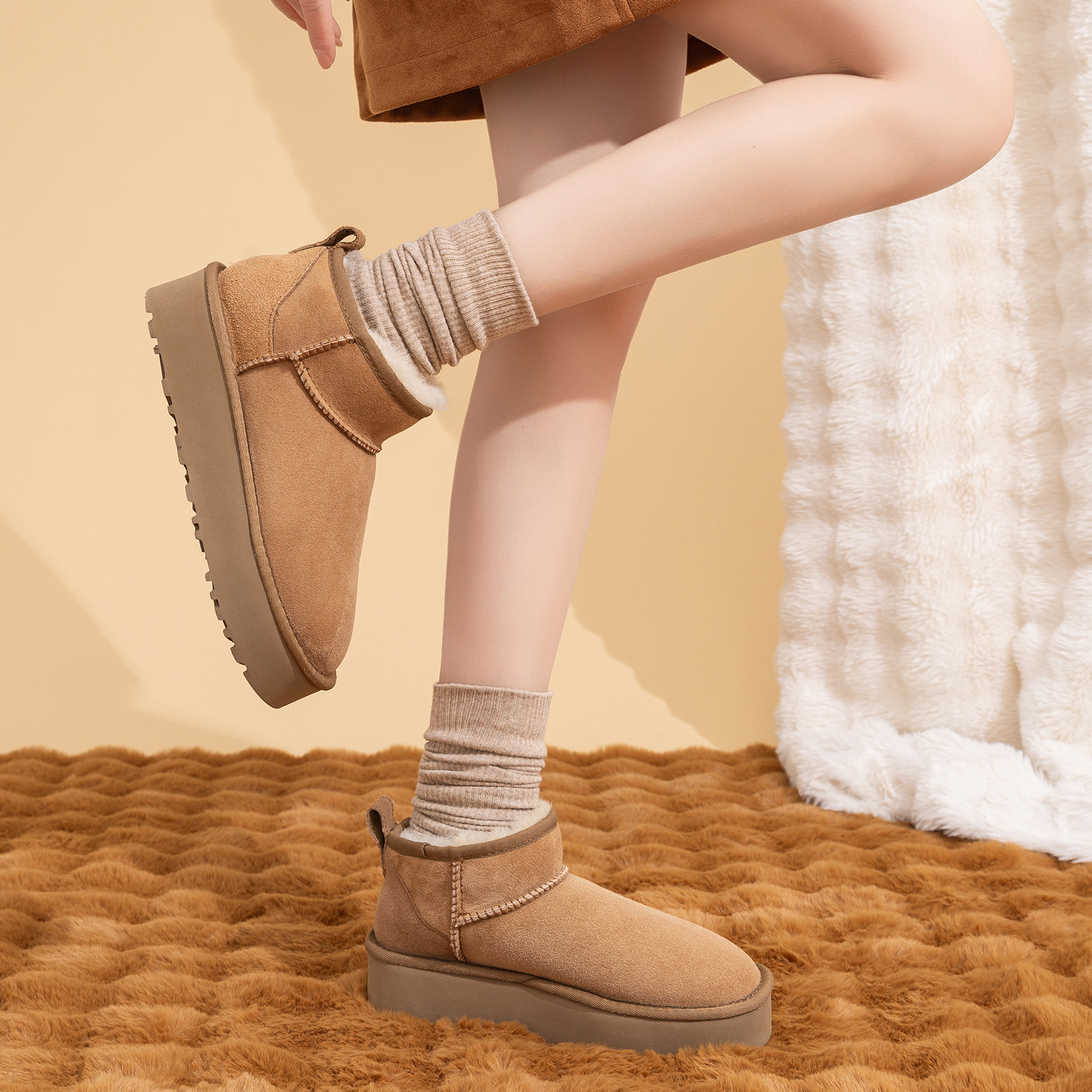 婷婷【mini厚底4-5公分】冬雨mini同款低筒皮毛一体加厚保暖雪地靴