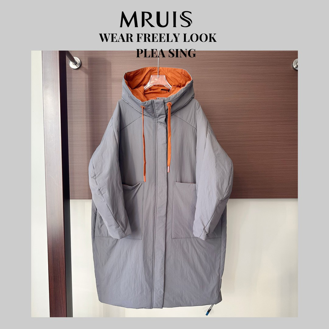MRUIS商场同款-填充100绵羊毛中长款外套宽松冬季连帽加厚棉衣