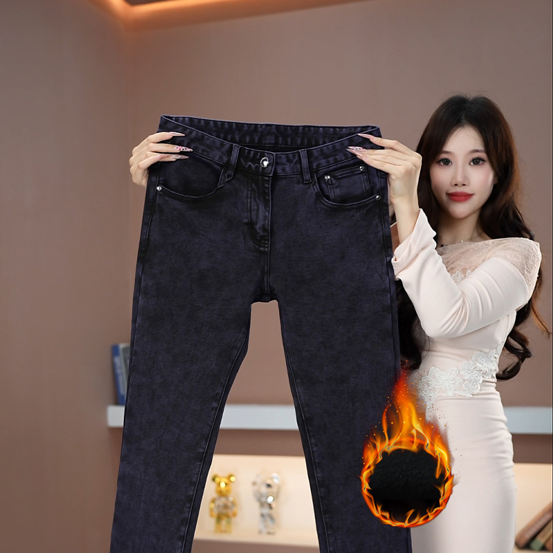 2025秋冬新款加绒紫色男士牛仔裤裤子时尚潮流百搭修身保暖长裤